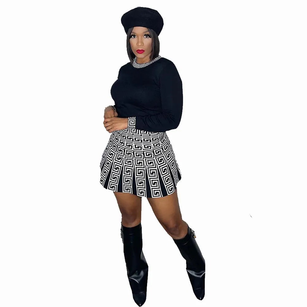 Elegant High Waist A-Line Skirt and Printed Long Sleeve Top Two-Piece Set