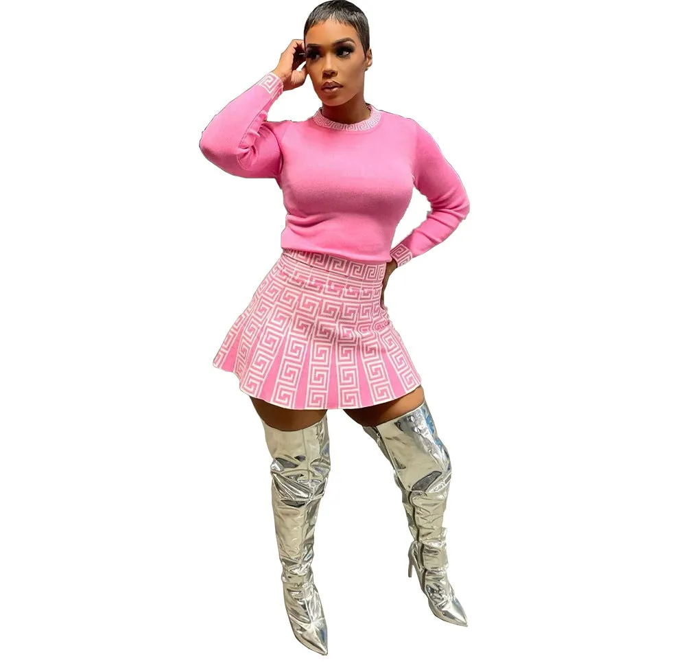 Elegant High Waist A-Line Skirt and Printed Long Sleeve Top Two-Piece Set