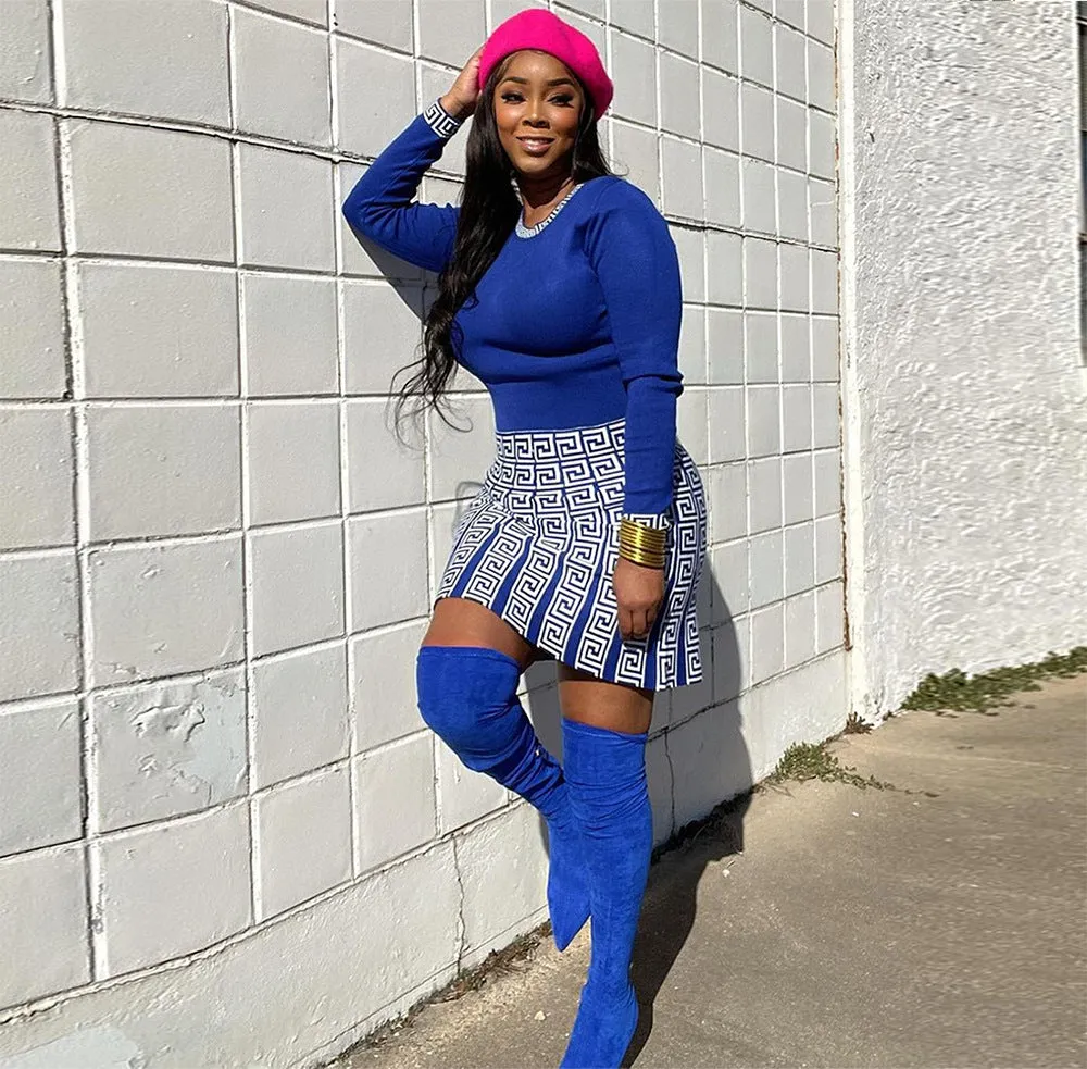 Elegant High Waist A-Line Skirt and Printed Long Sleeve Top Two-Piece Set