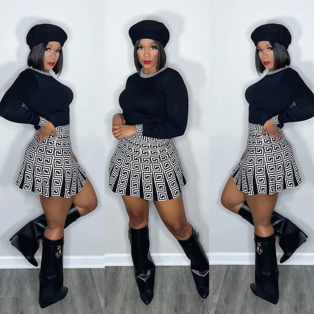 Elegant High Waist A-Line Skirt and Printed Long Sleeve Top Two-Piece Set