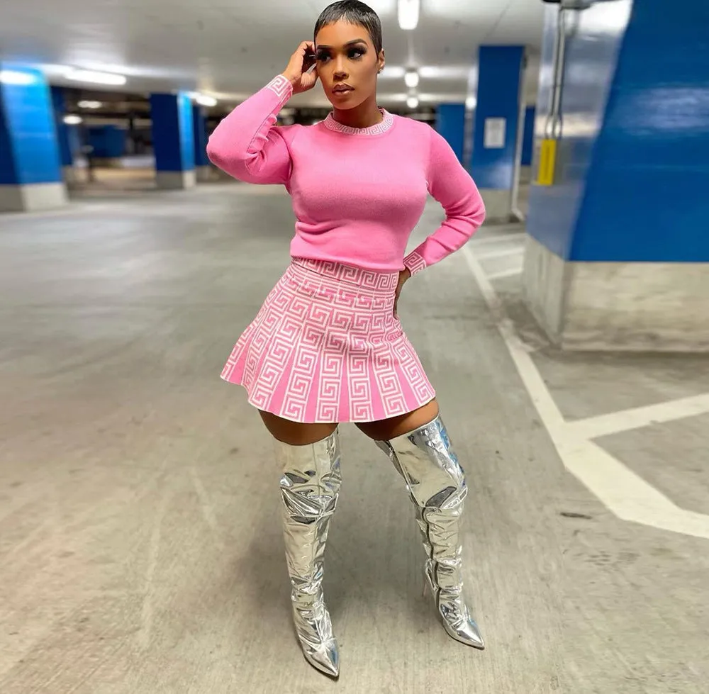 Elegant High Waist A-Line Skirt and Printed Long Sleeve Top Two-Piece Set