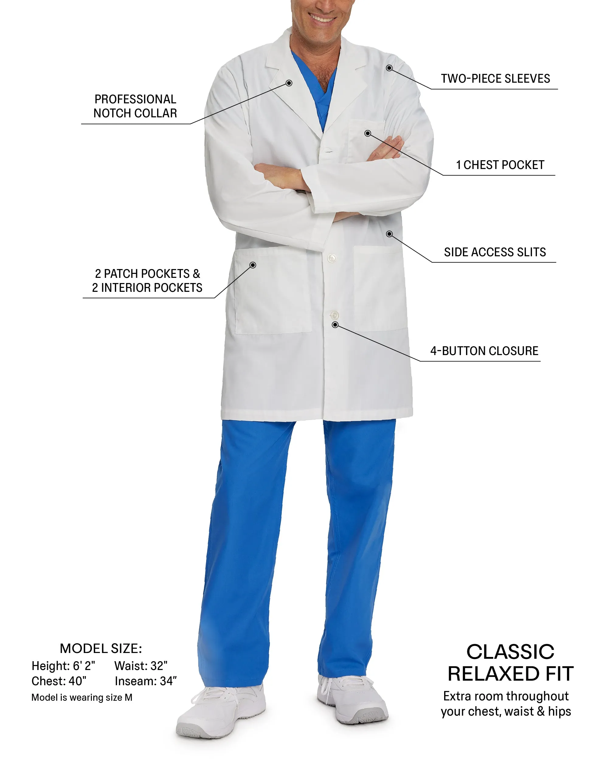 Essential Lab Coats 3124 Men's 5 Pocket Full Length White Coat White 6 Oz Polycotton Twill