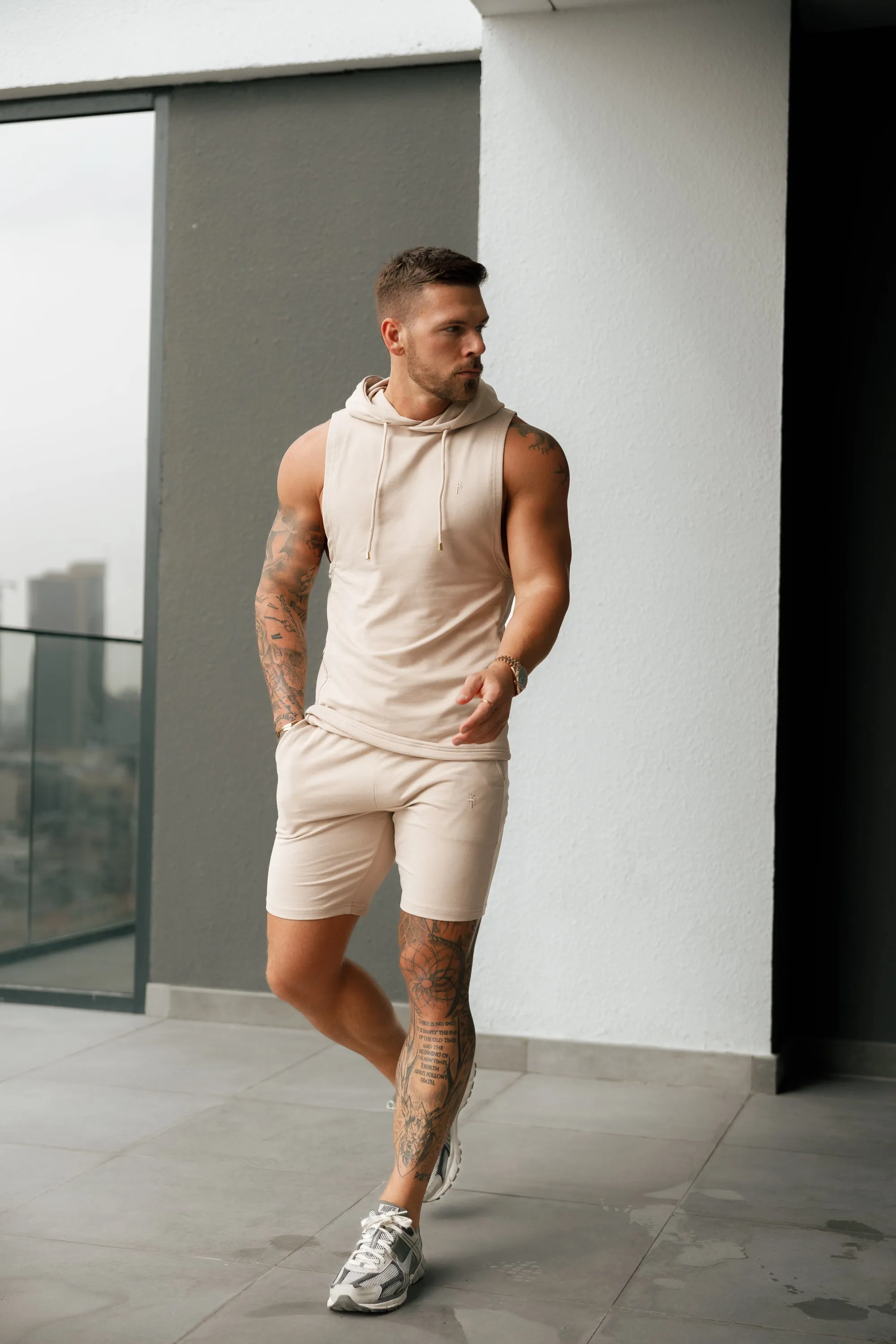 Father Sons Sleeveless Beige Gym Hoodie - FSH896