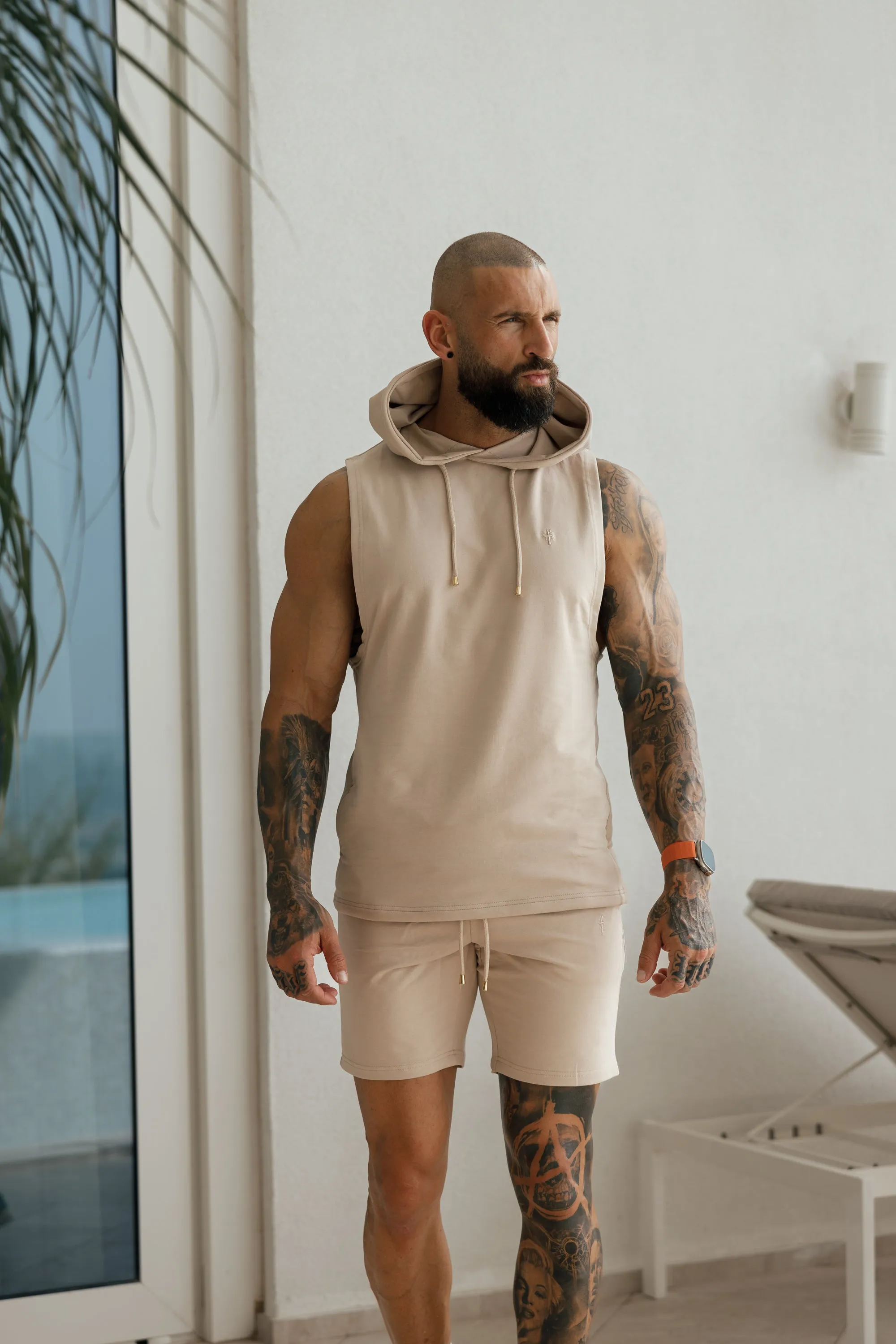 Father Sons Sleeveless Beige Gym Hoodie - FSH896