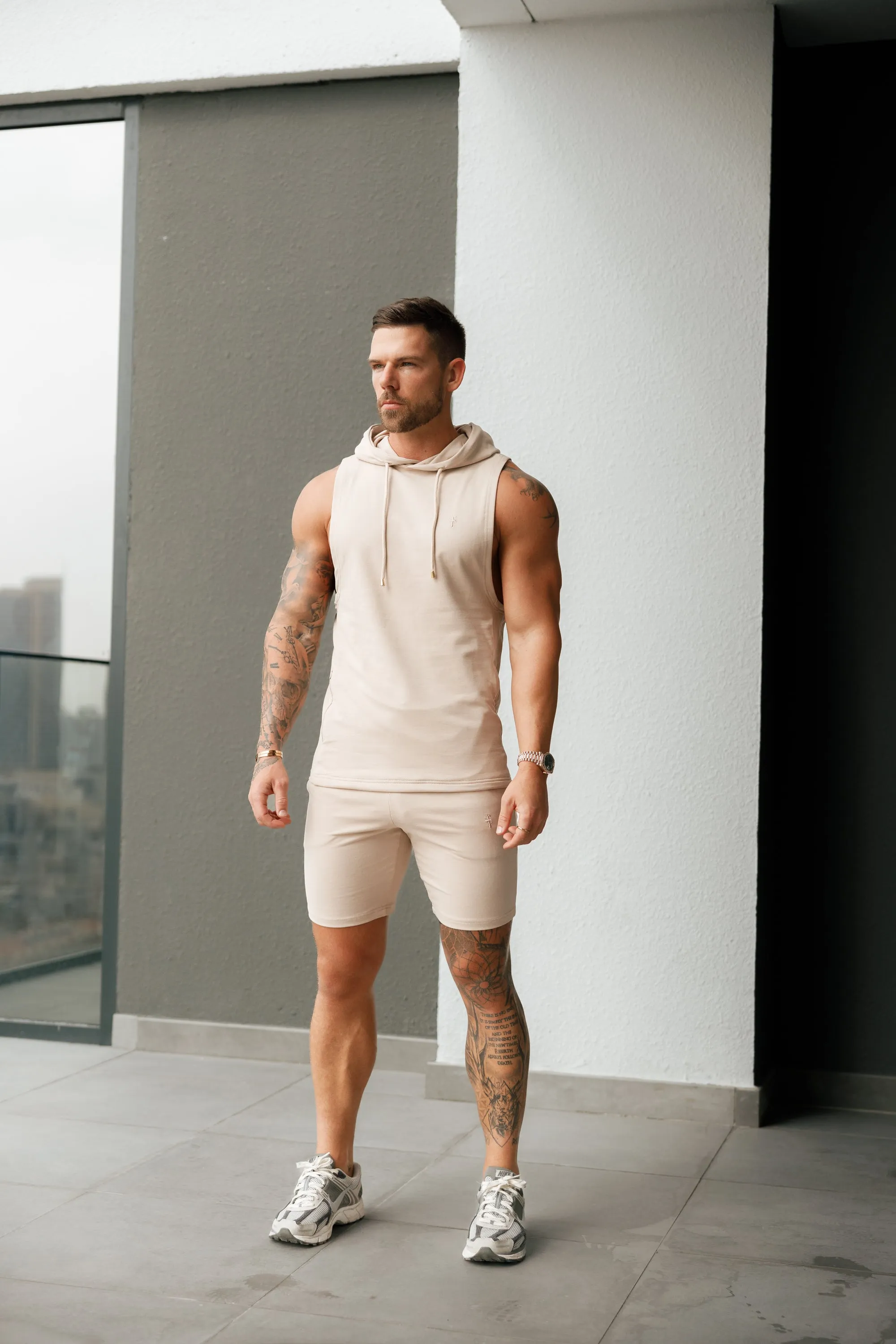 Father Sons Sleeveless Beige Gym Hoodie - FSH896