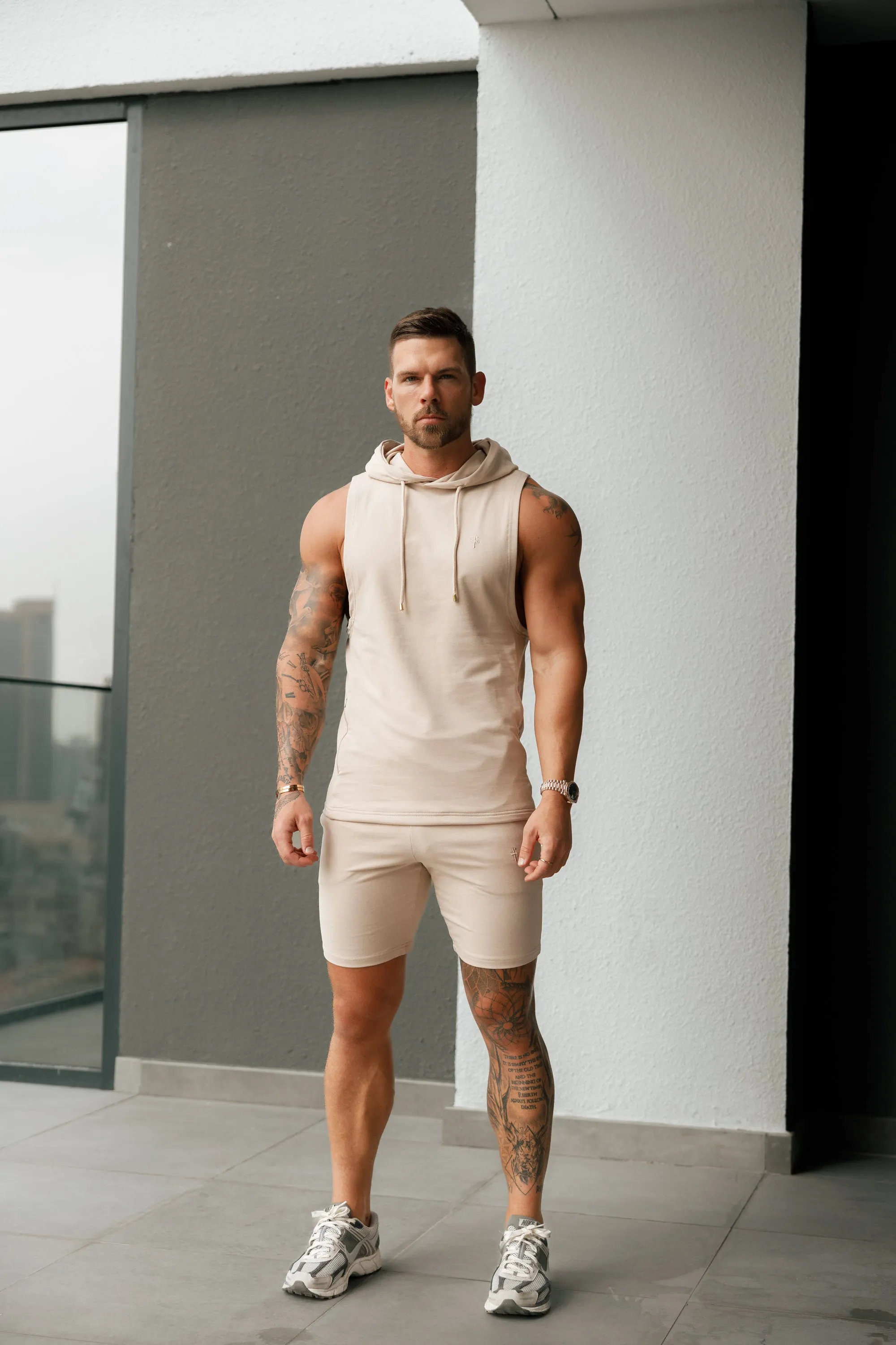 Father Sons Sleeveless Beige Gym Hoodie - FSH896