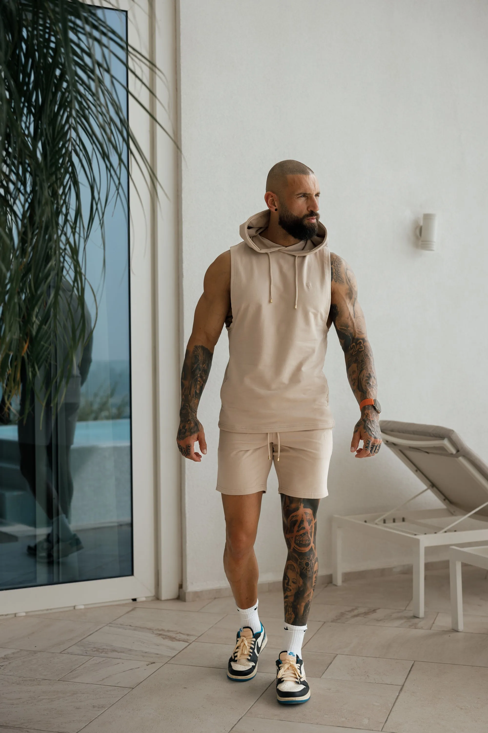 Father Sons Sleeveless Beige Gym Hoodie - FSH896