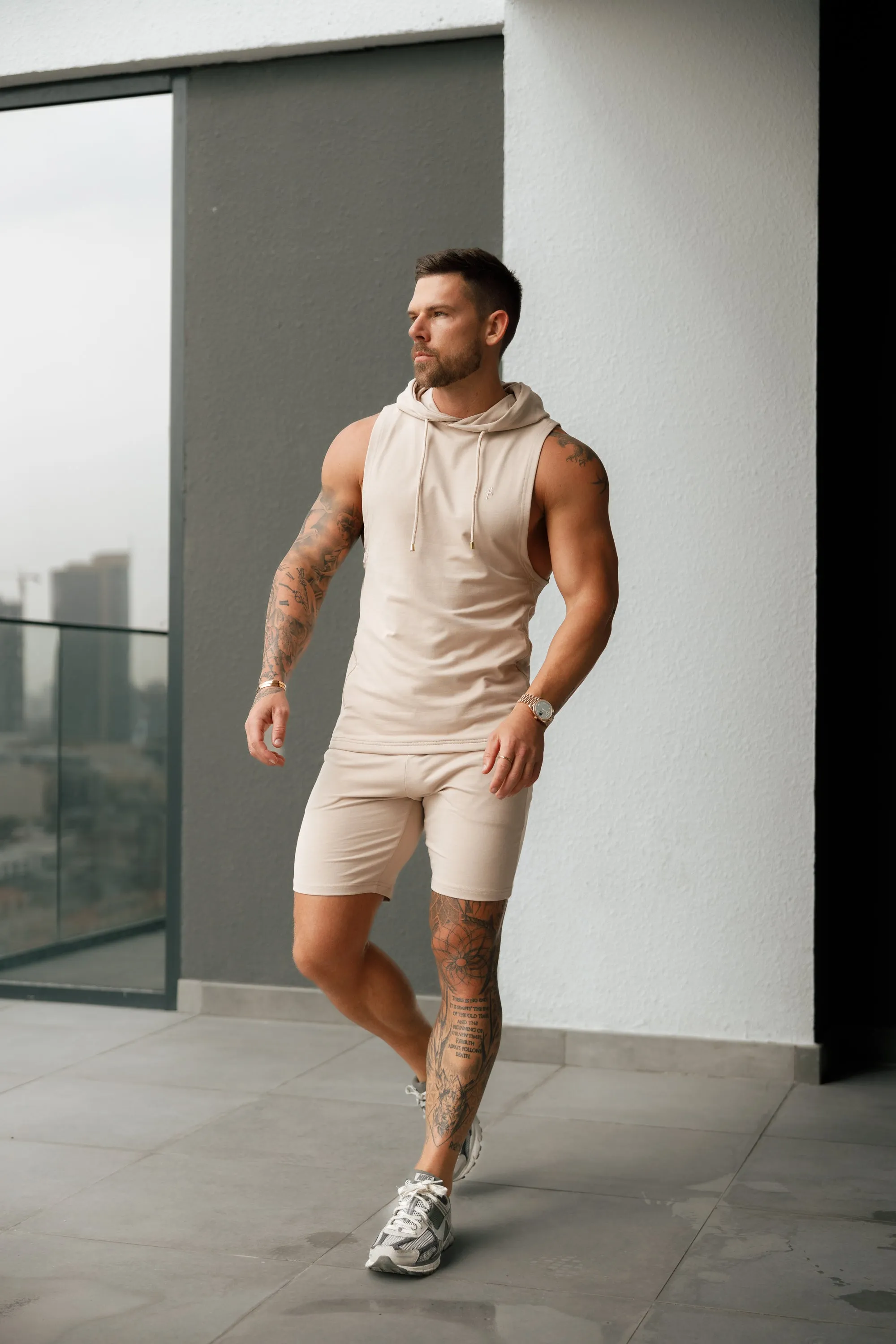Father Sons Sleeveless Beige Gym Hoodie - FSH896