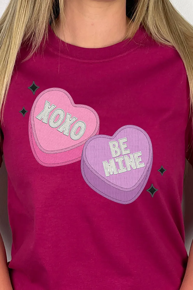Faux Embroidery Candy Hearts Transfer Short Sleeve Relaxed Fit T-Shirt