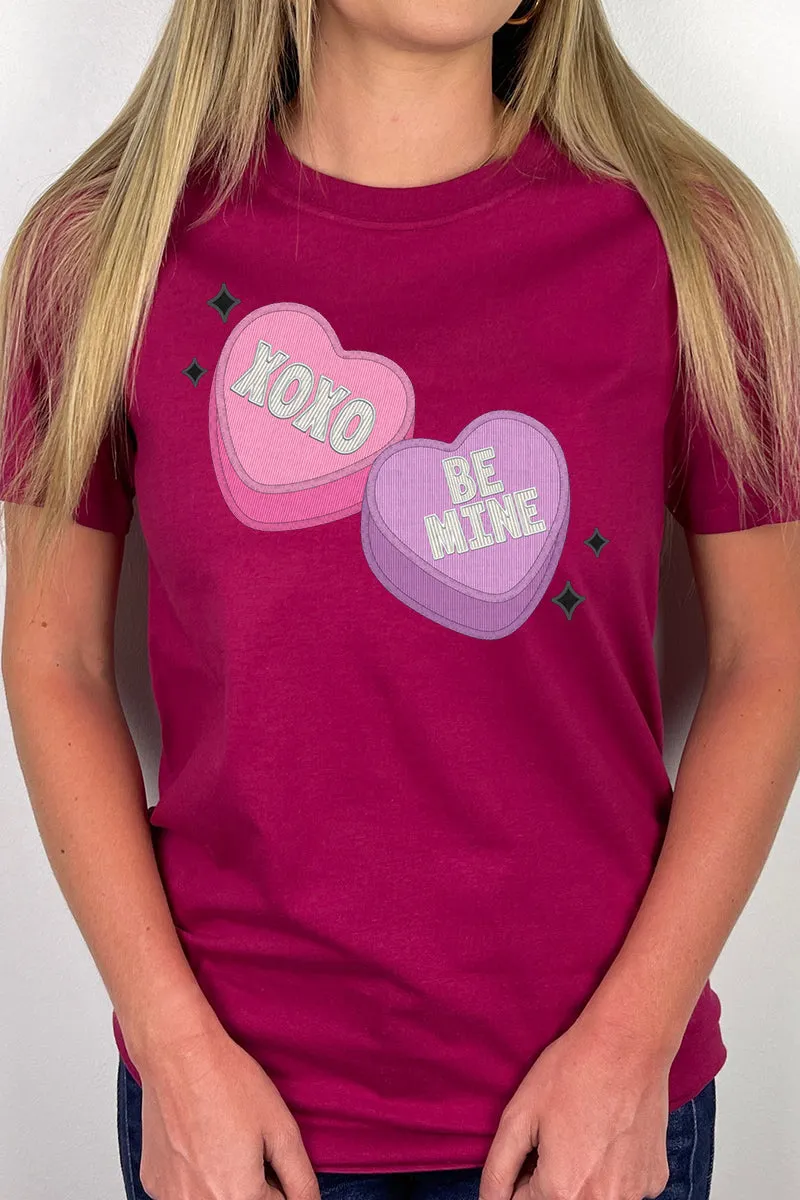 Faux Embroidery Candy Hearts Transfer Short Sleeve Relaxed Fit T-Shirt