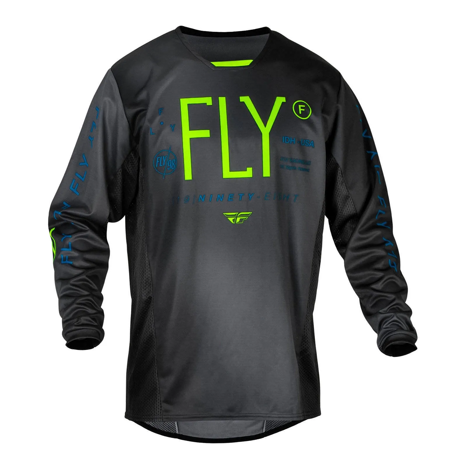 Fly Racing 2024 Youth Kinetic Jersey - Charcoal / Neon Green / True Blue