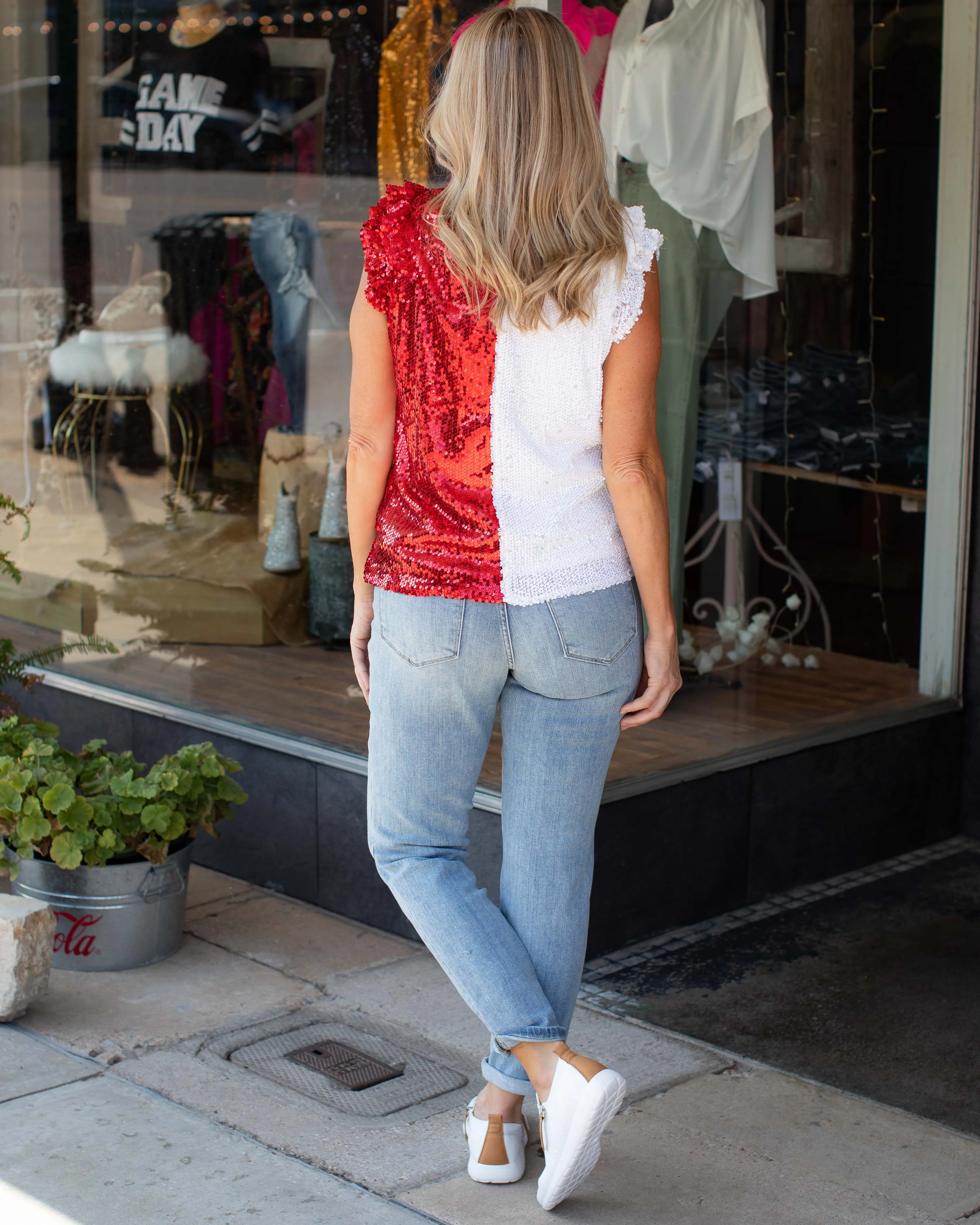 GAME DAY COLOR BLOCK SEQUIN TOP - RED/WHITE