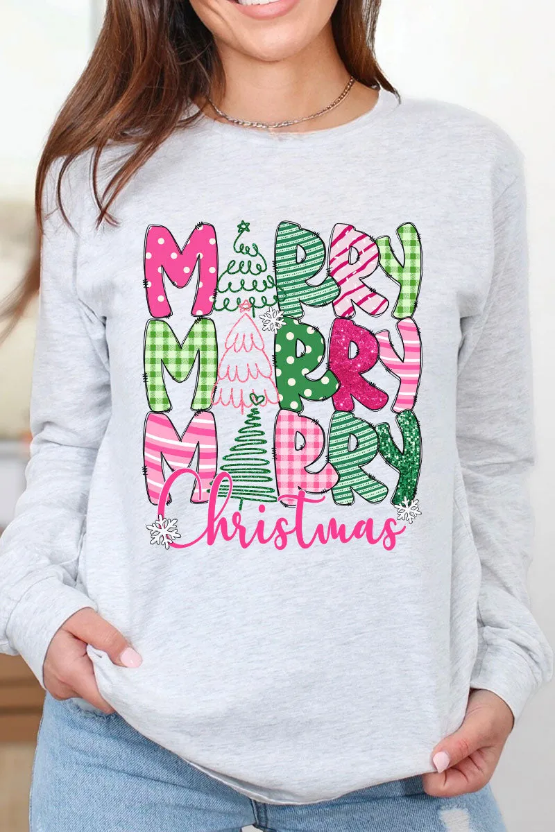Green And Pink Merry Christmas Heavy Cotton Long Sleeve Adult T-Shirt