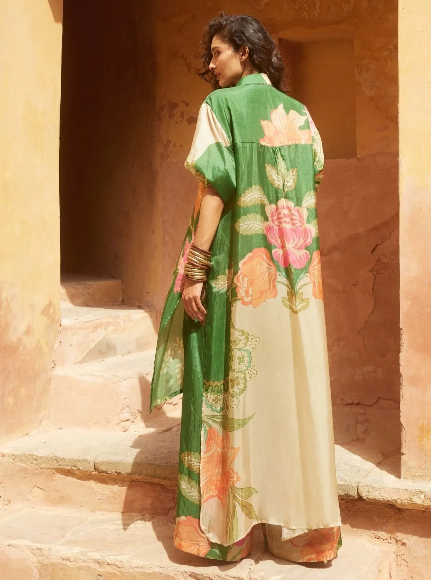 Green high low kurta and pants