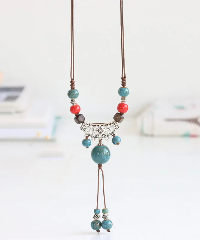 Handmade Bronze Coppery Woven Ceramics Hollow Out Tassel Pendant Necklace