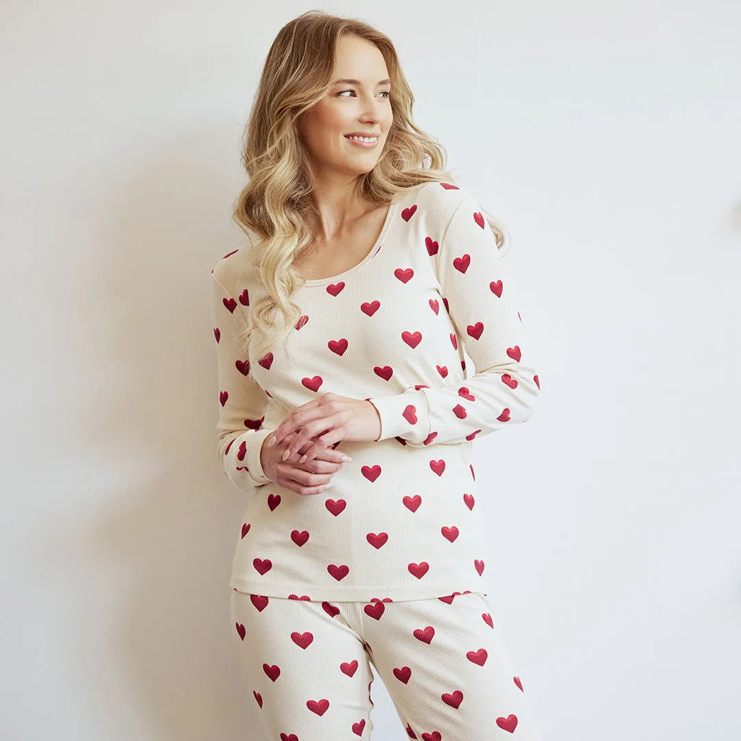 Heart Print on Ribbed Antique Women's PJ Set