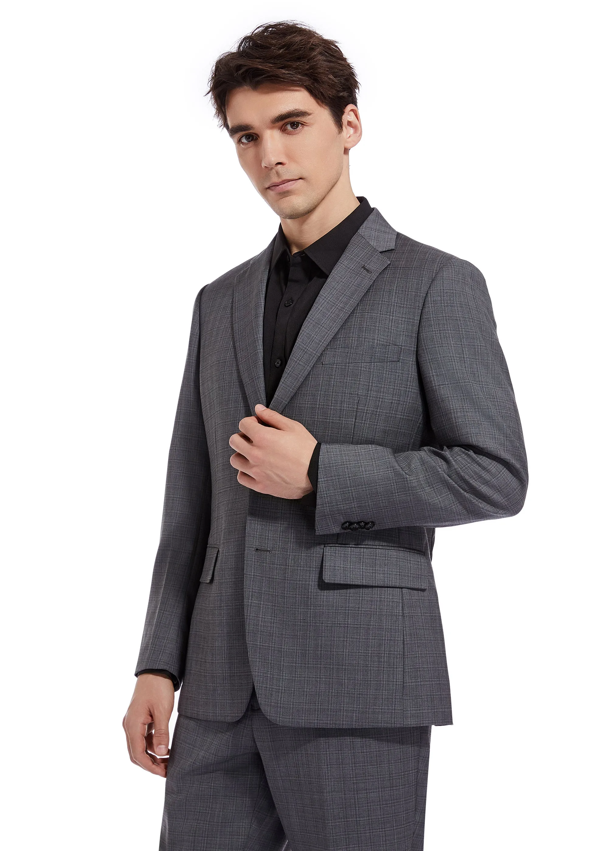 Hechter Paris Charcoal Plaid Modern Fit Wool Suit