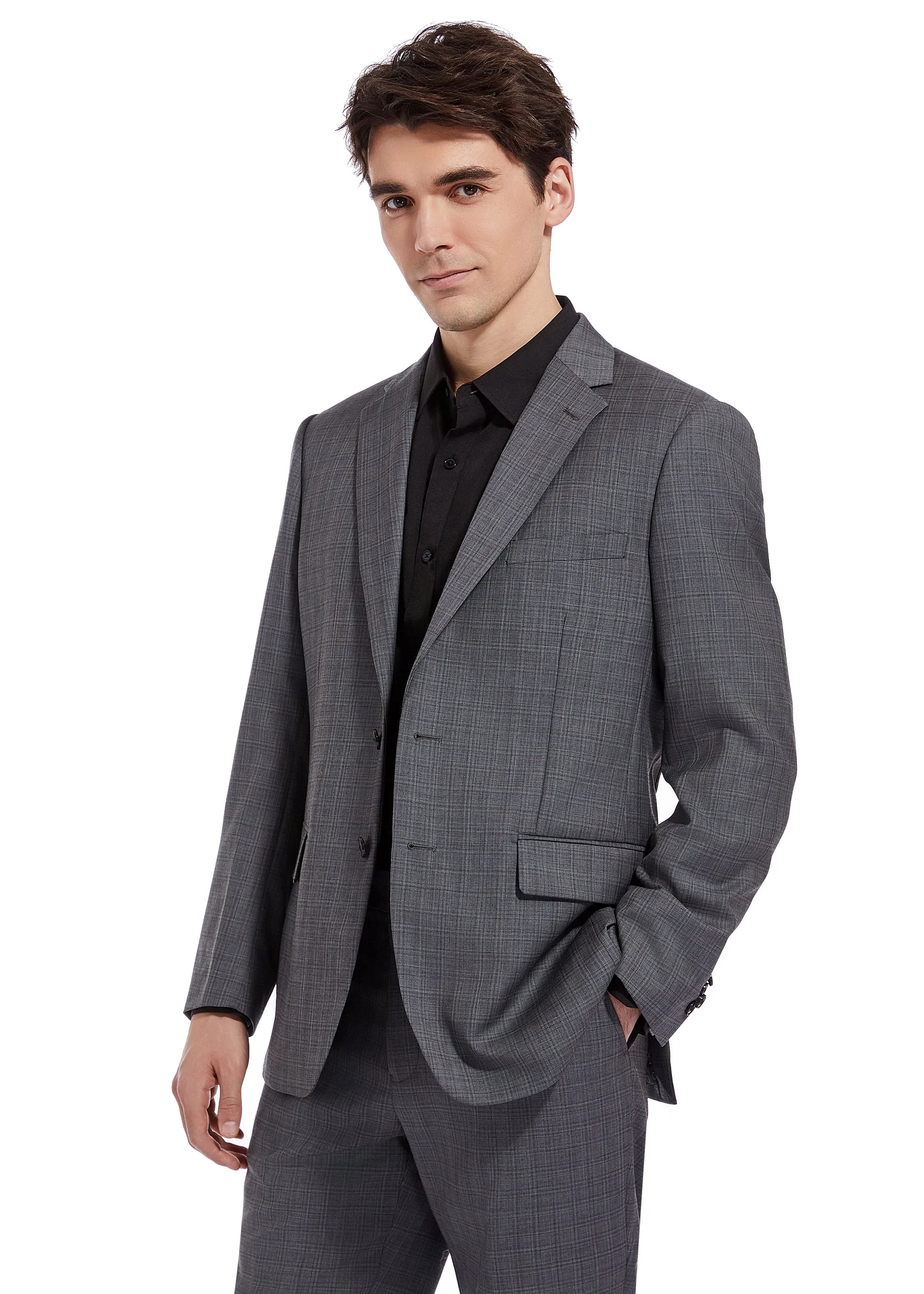 Hechter Paris Charcoal Plaid Modern Fit Wool Suit