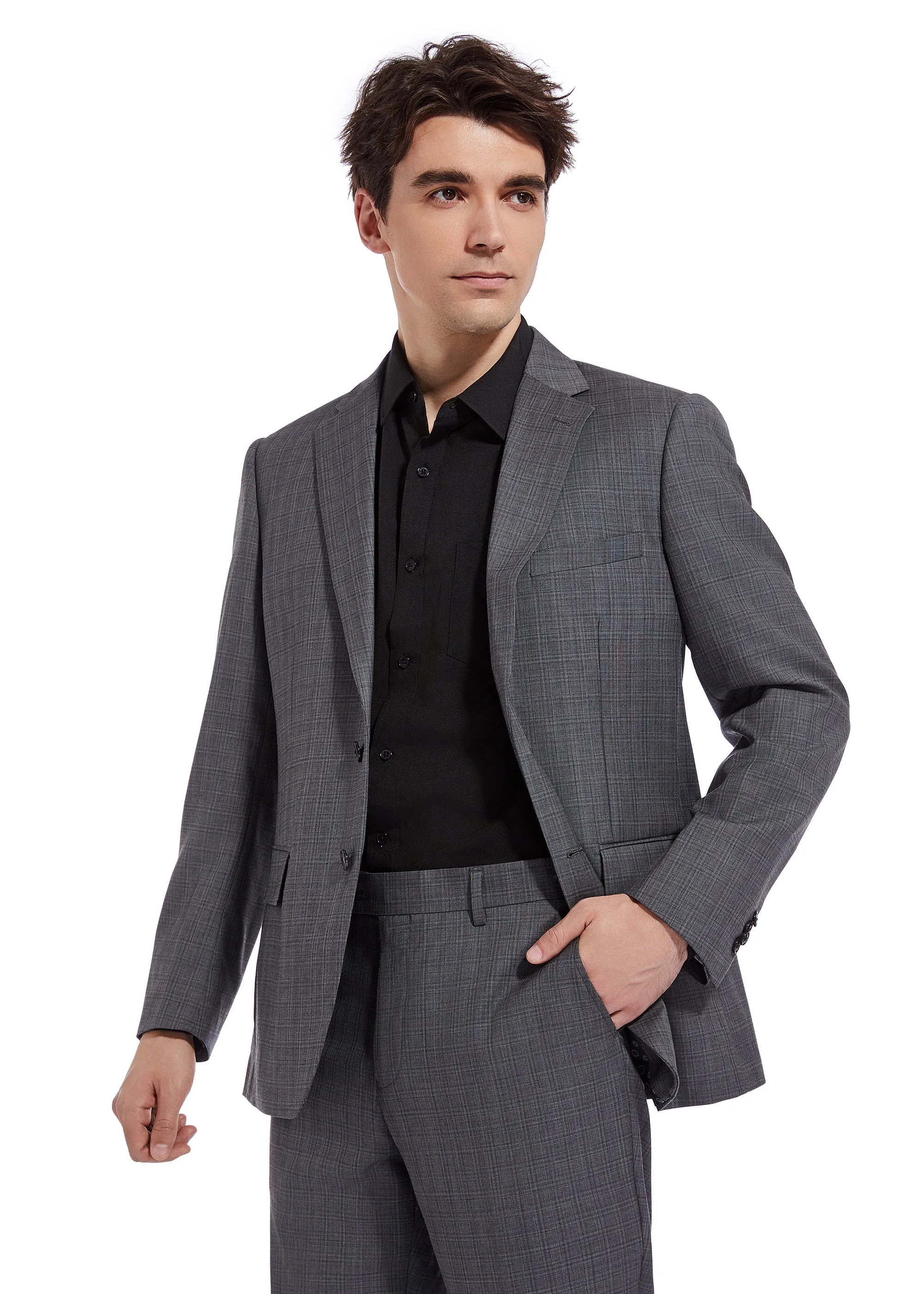 Hechter Paris Charcoal Plaid Modern Fit Wool Suit