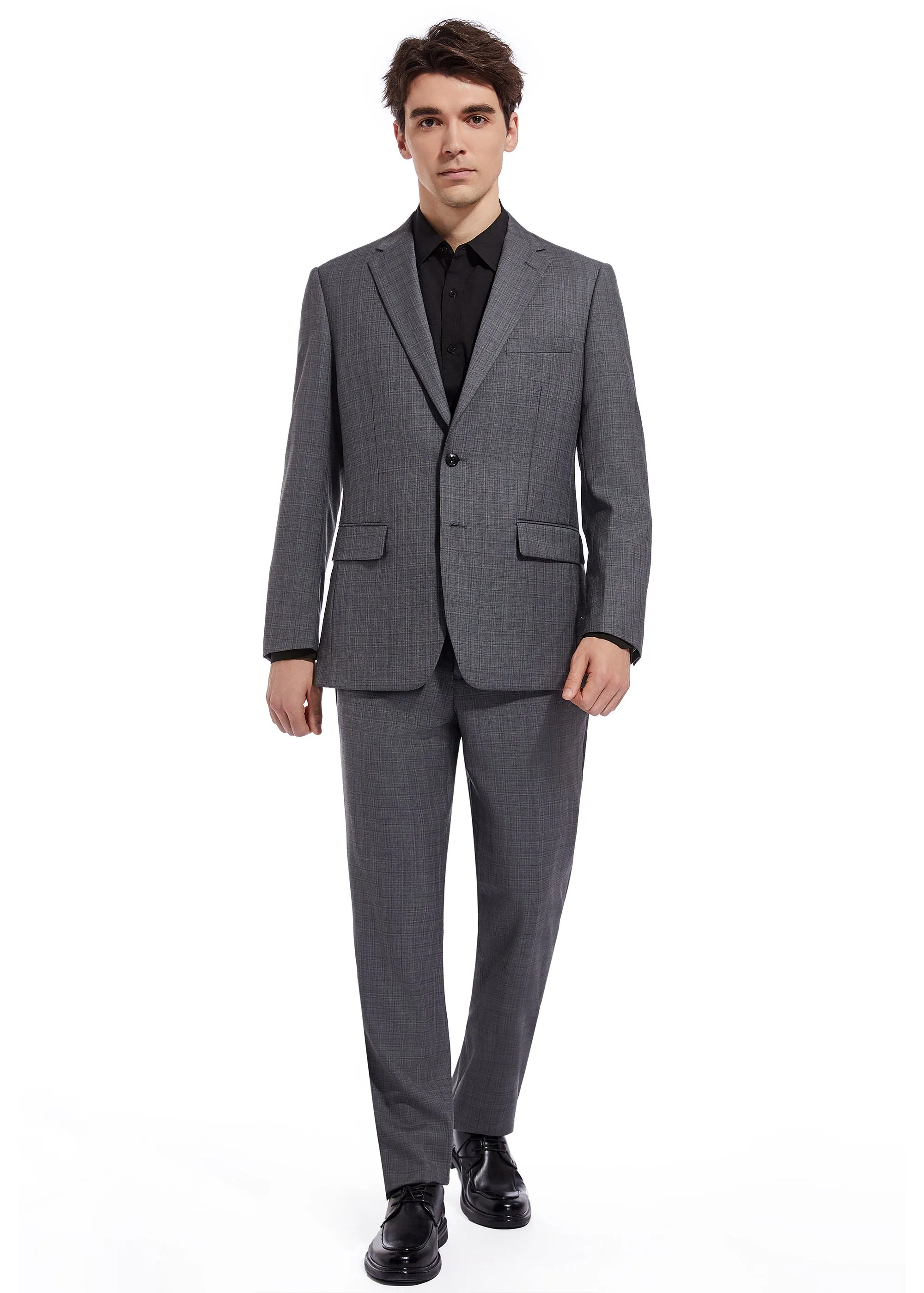 Hechter Paris Charcoal Plaid Modern Fit Wool Suit