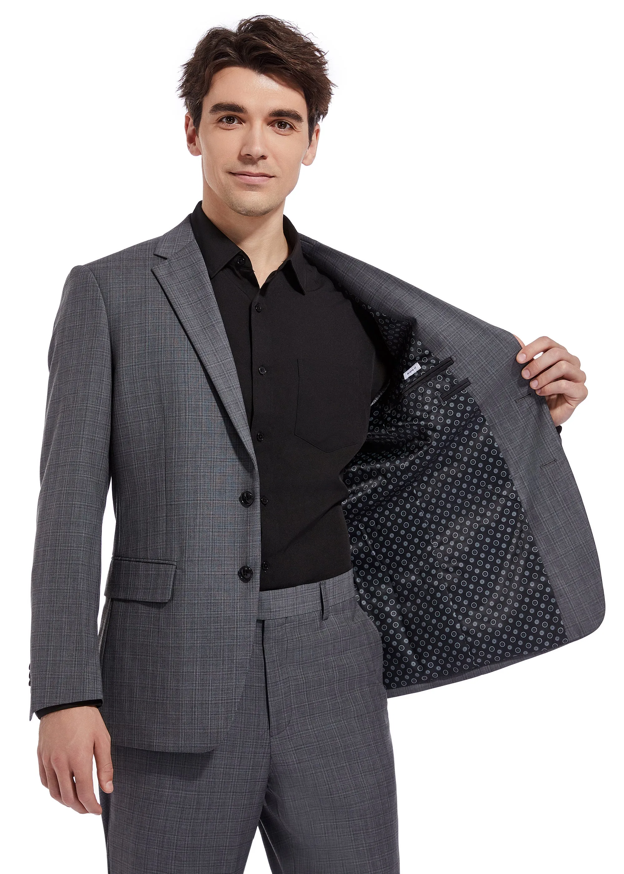 Hechter Paris Charcoal Plaid Modern Fit Wool Suit