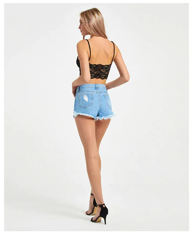 HIGH-BREASTED PIERCED TASSEL DENIM SHORTS