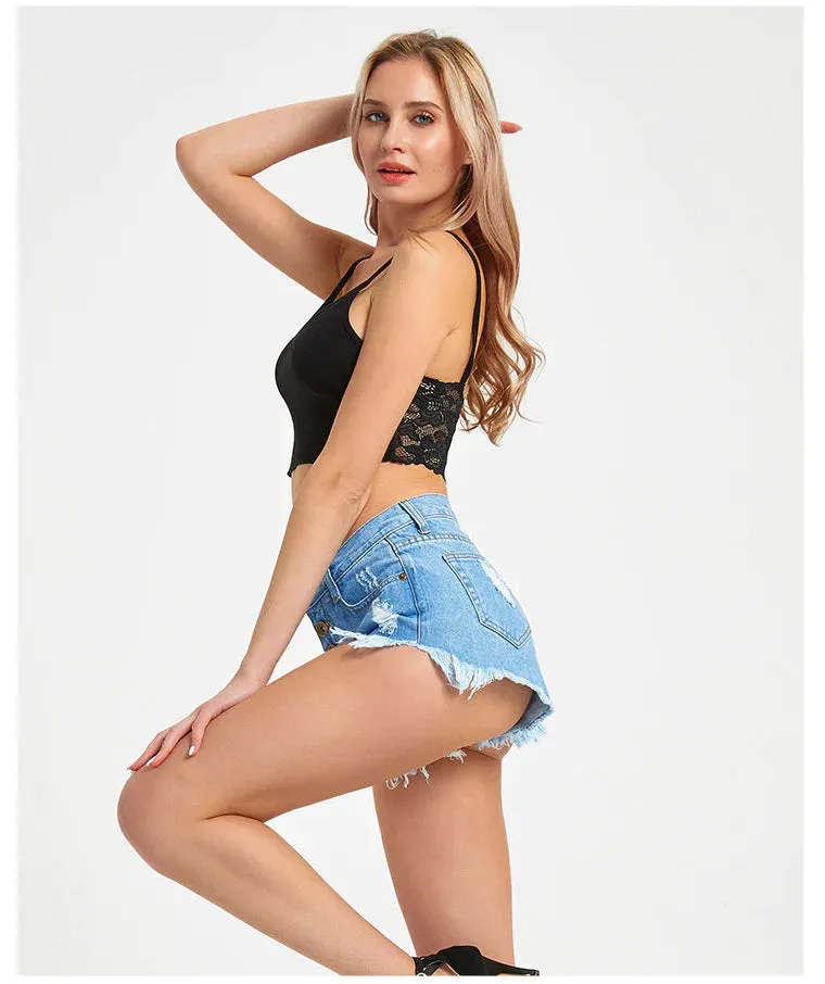 HIGH-BREASTED PIERCED TASSEL DENIM SHORTS