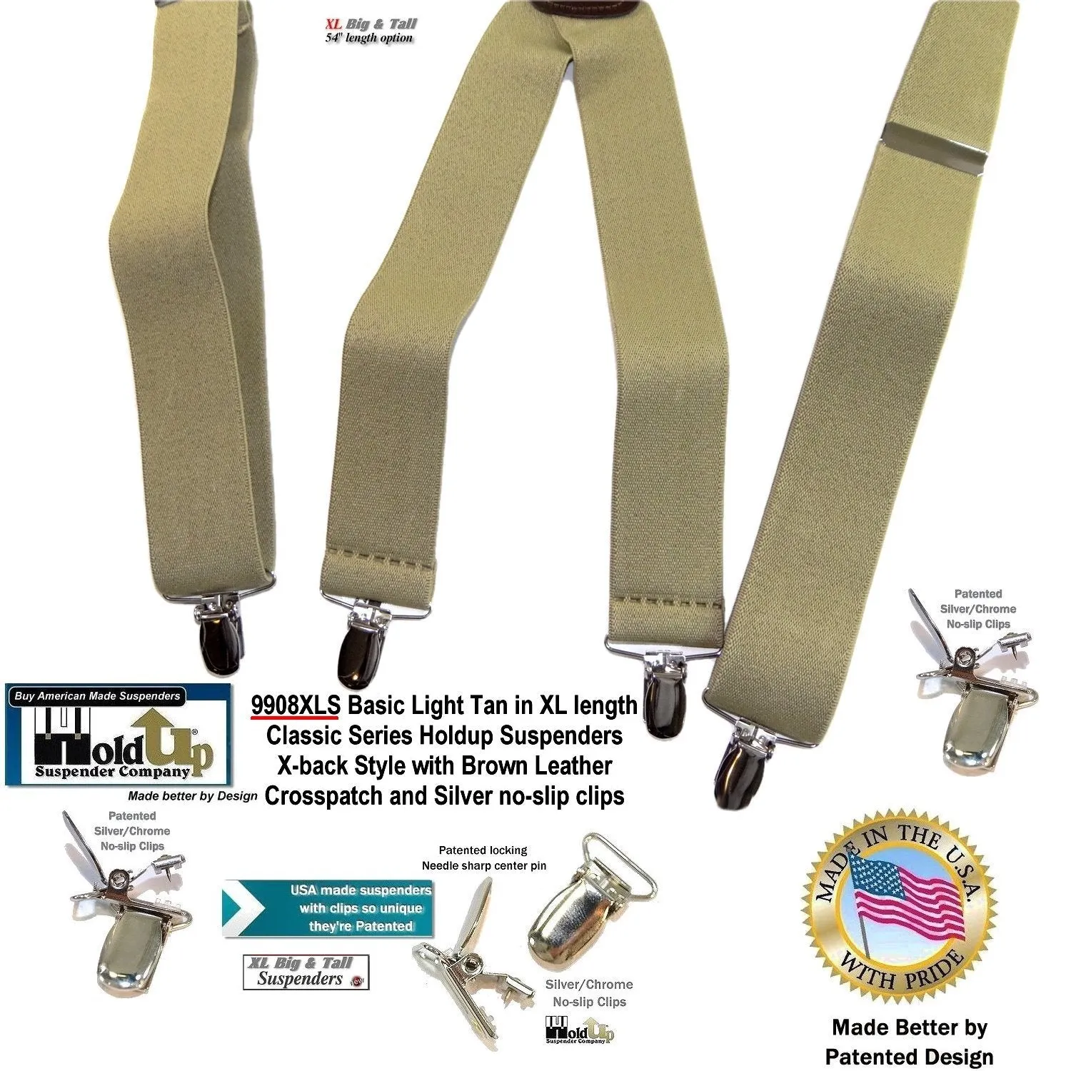 Hold-Ups Classic tan XL suspenders 1 1/2"wide 54' long with patented silver no-slip clips