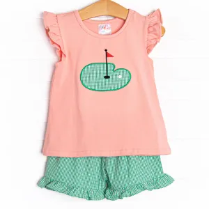 Hole In One Applique Ruffle Short Set, Pink
