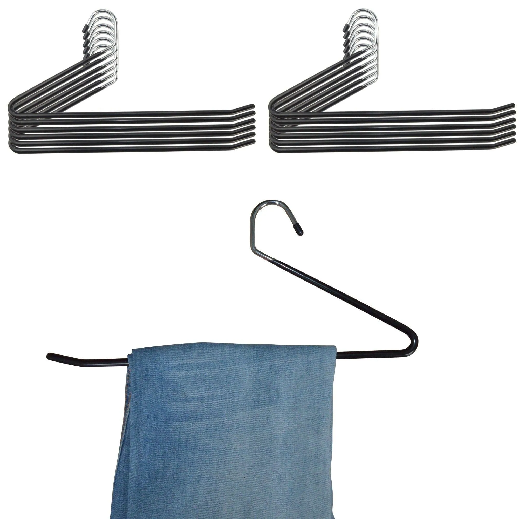 IPOW Upgraded 24 Pack Heavy Duty Slacks/Trousers Pants Hangers Open Ended Hanger Easy Slide Organizers, Metal Rod with a Large Diameter, Chrome and Black Friction