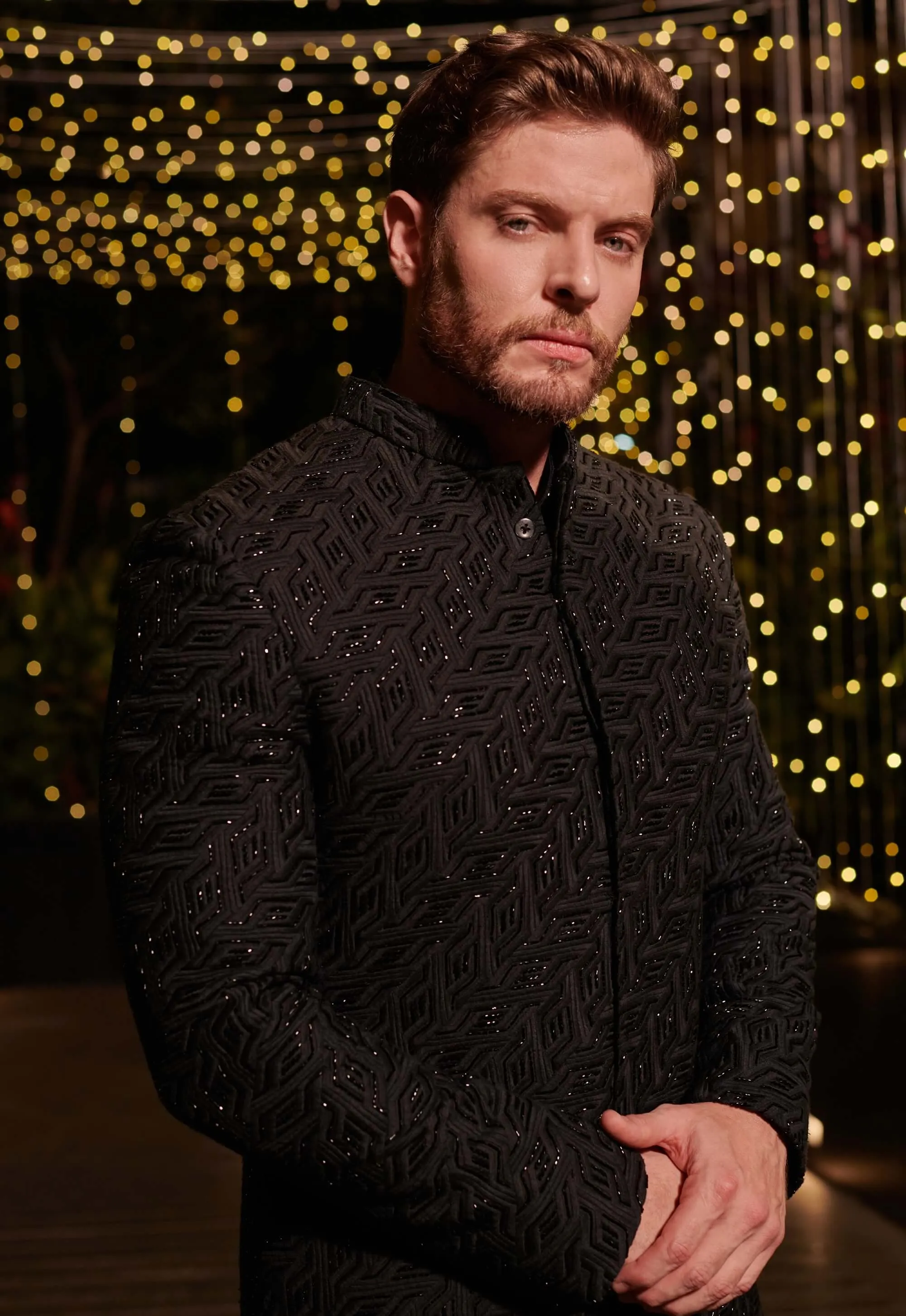 Jet black bandhgala sherwani set