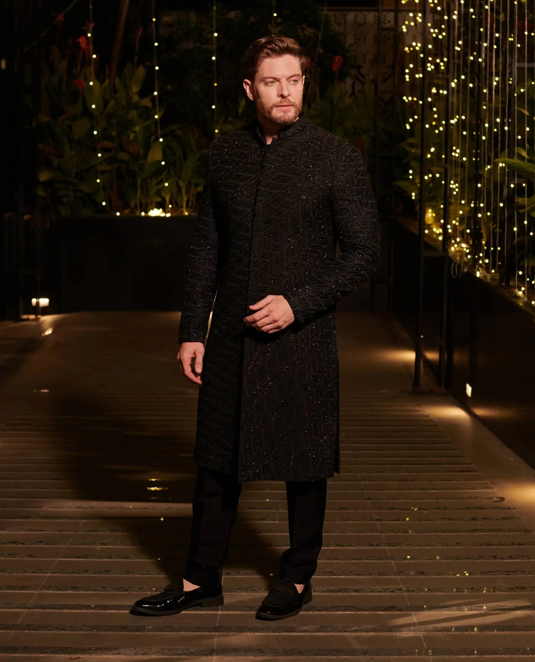 Jet black bandhgala sherwani set