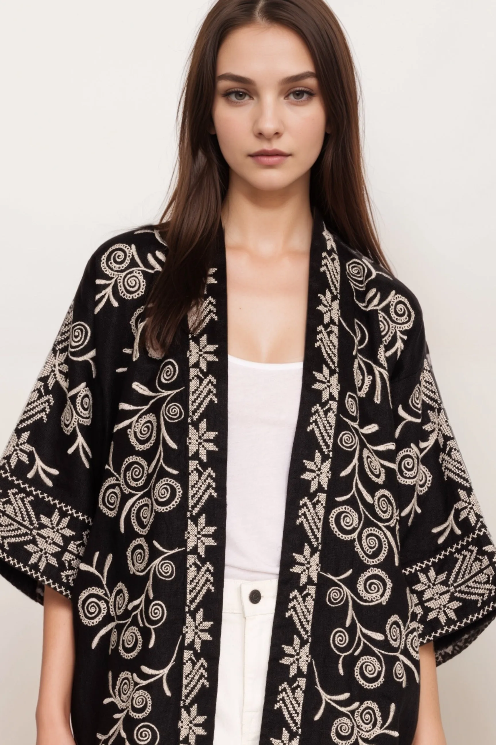 Johnny Was Workshop Black Hannani Shawl Collar Linen Kimono W47624-5