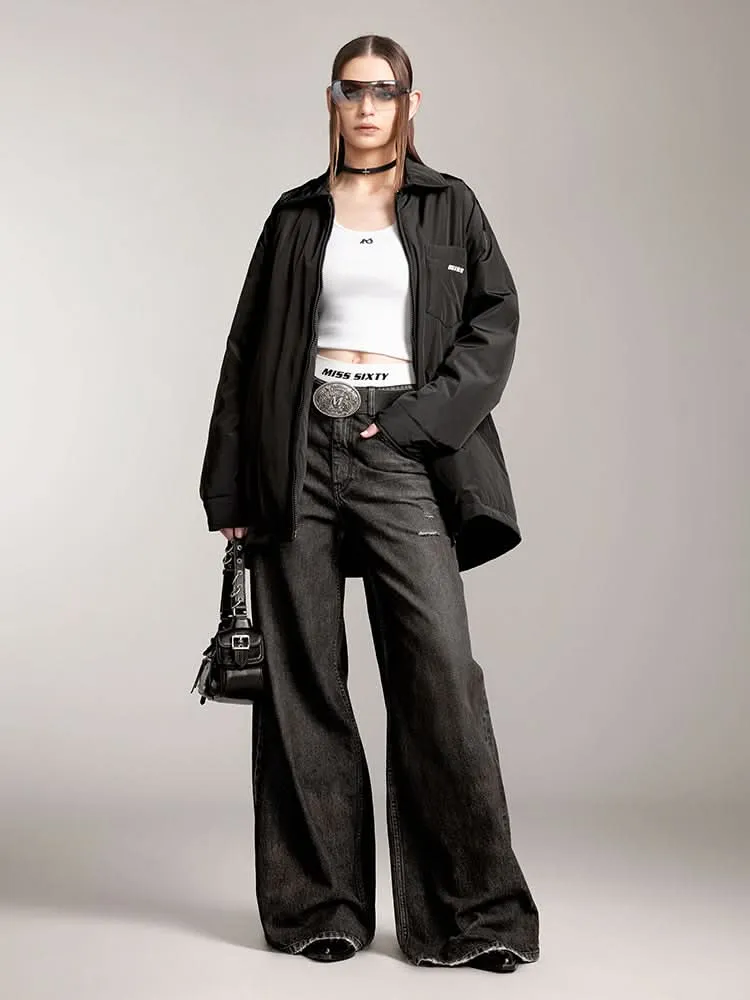 Lapel Loose Fit Down Jacket With Printed