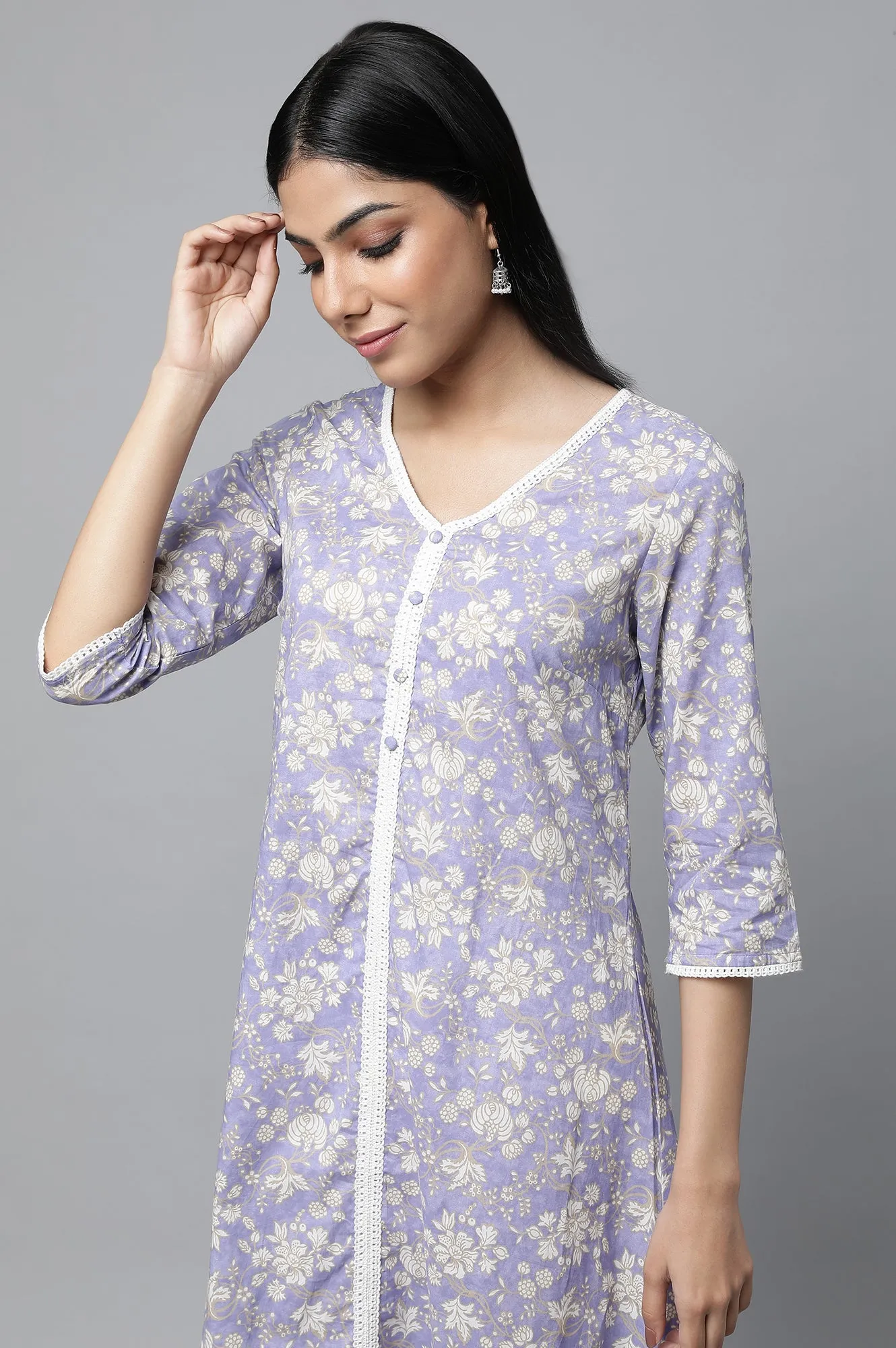 Lavender Floral Printed kurta & Pants Set