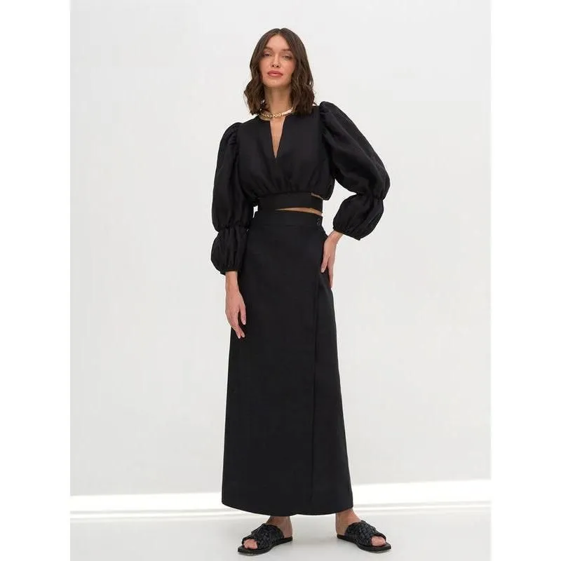 Linen Two-Piece Set with Crop Shirt and High-Waist Skirt