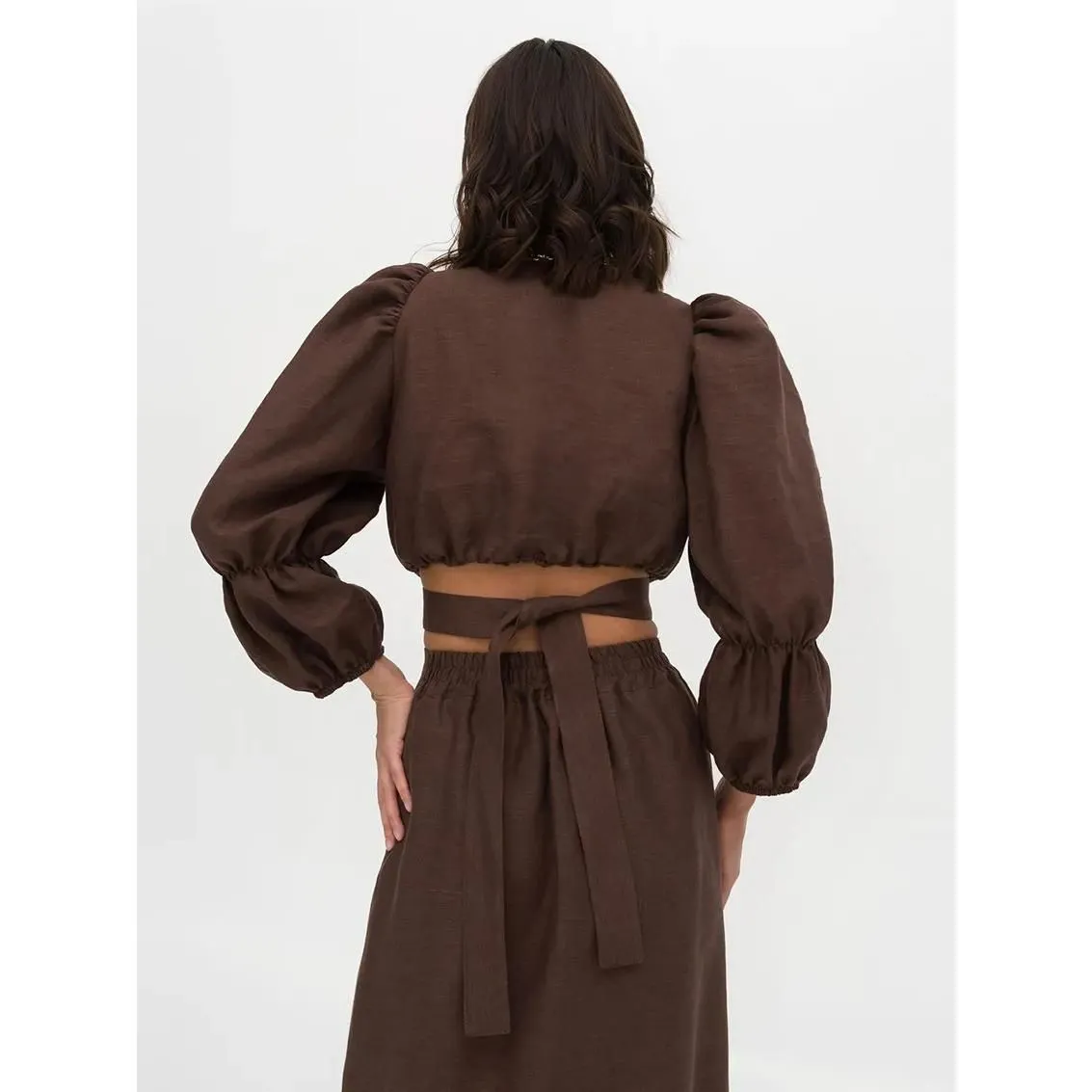 Linen Two-Piece Set with Crop Shirt and High-Waist Skirt