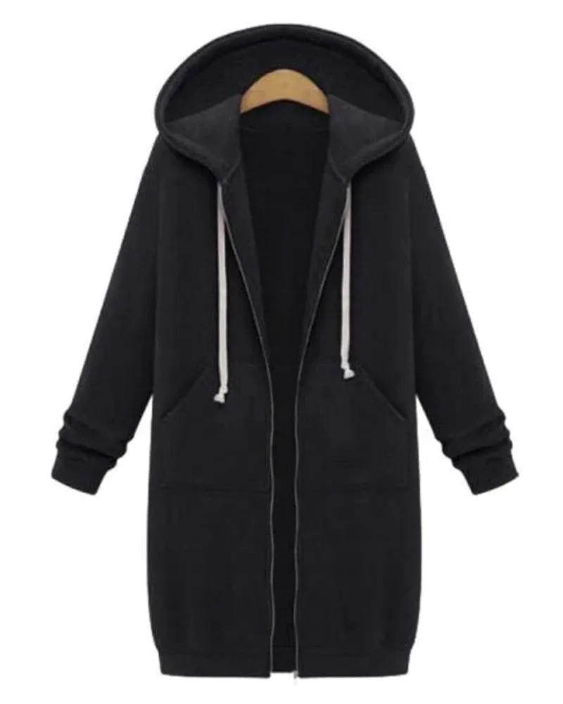 Long Hooded Loose Zipper Long Sleeve Sweater Coat Jacket