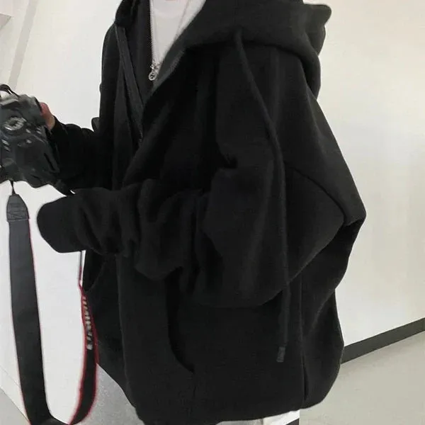 Long, loose baseball jacket with oversized pocket, hood, and zipper.