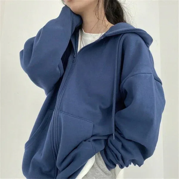 Long, loose baseball jacket with oversized pocket, hood, and zipper.