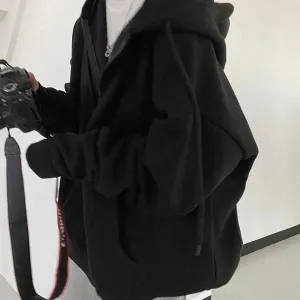 Long, loose baseball jacket with oversized pocket, hood, and zipper.