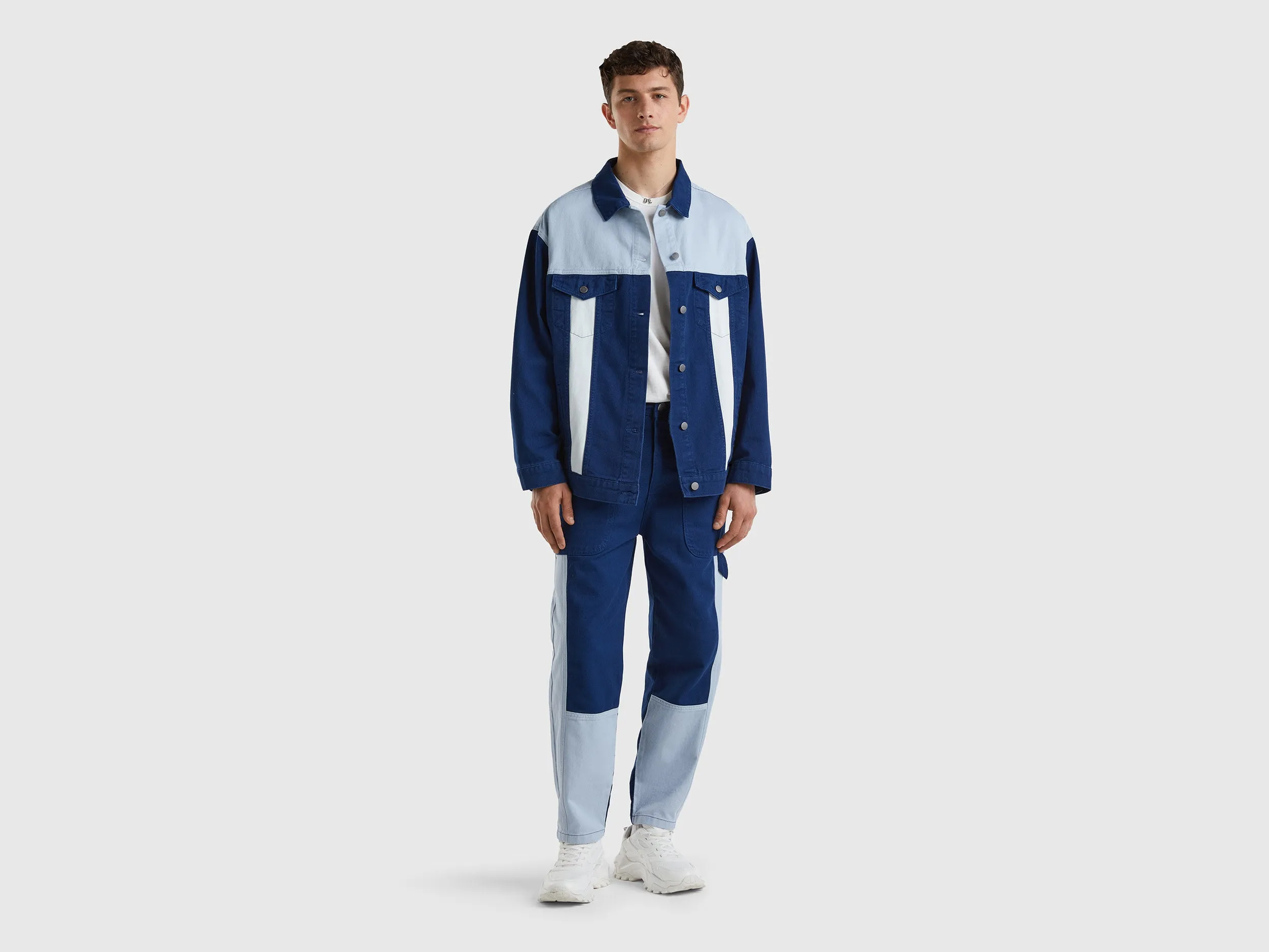 Loose Fit Collared Neck Color Block Pure Cotton Jacket