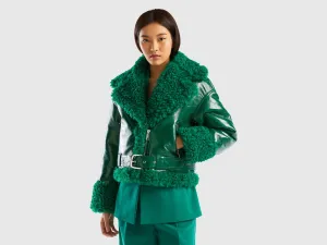 Loose Fit Lapel Neck Faux Fur Inside Green Imitation Leather Jacket