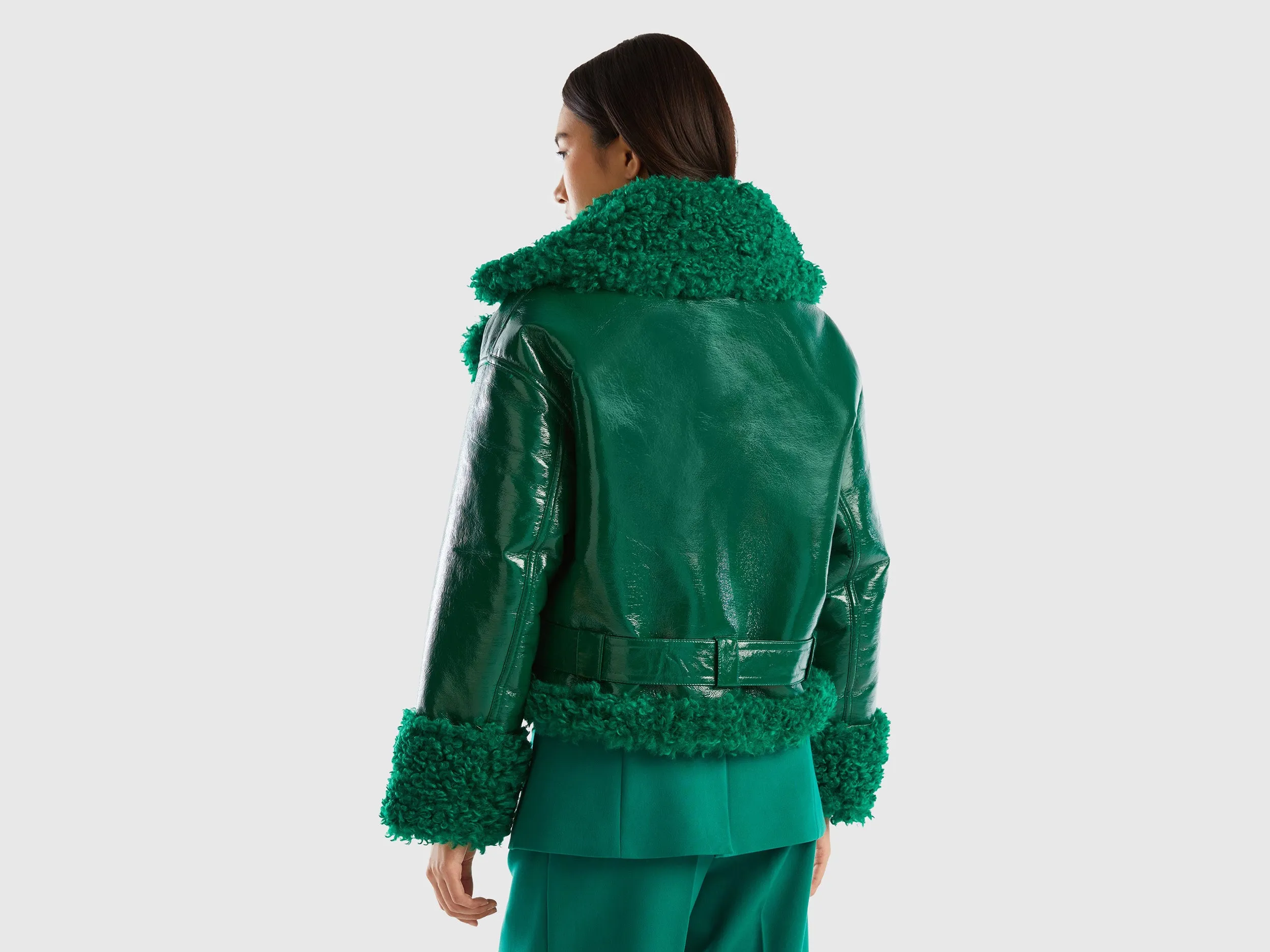 Loose Fit Lapel Neck Faux Fur Inside Green Imitation Leather Jacket