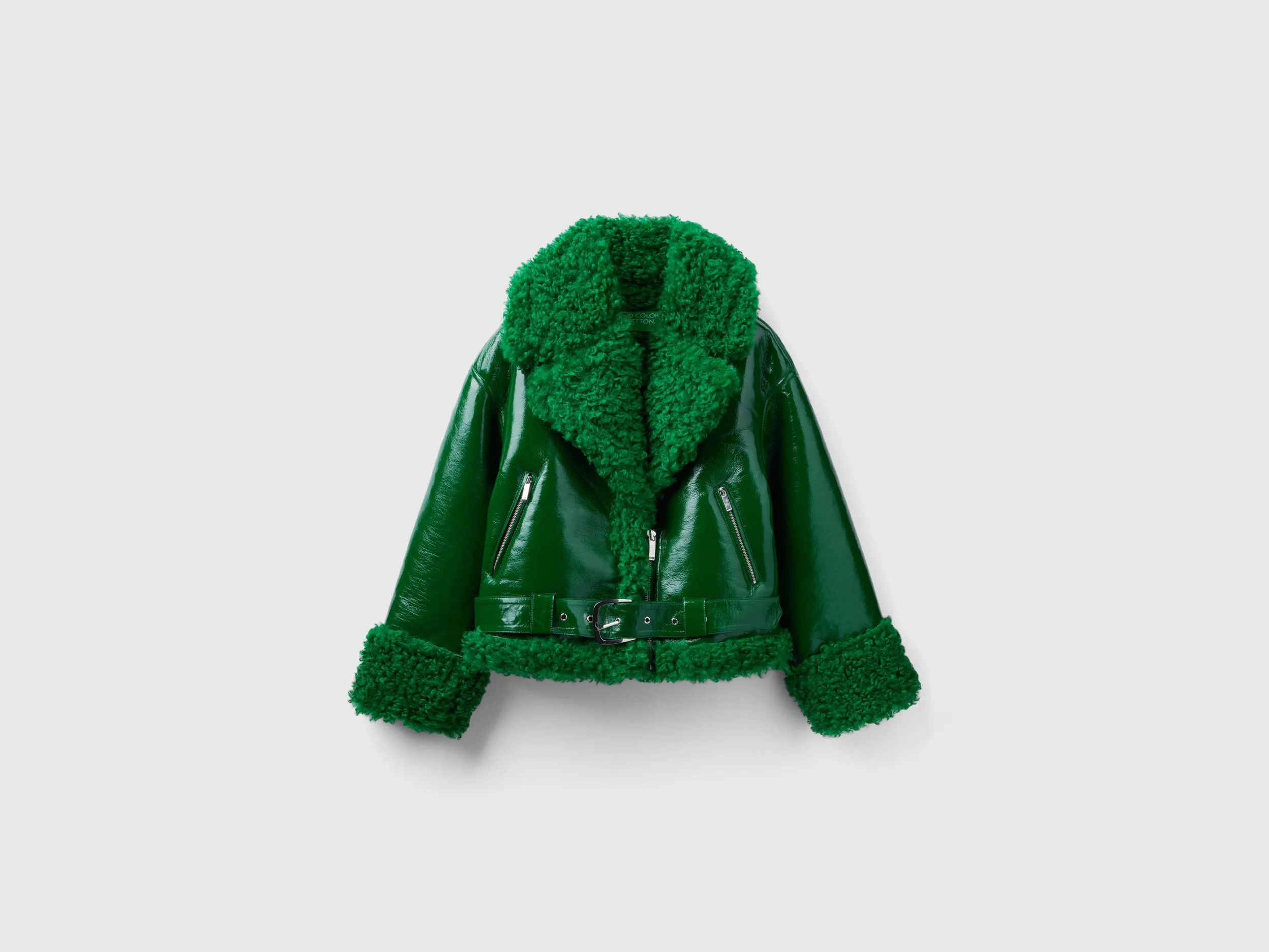 Loose Fit Lapel Neck Faux Fur Inside Green Imitation Leather Jacket
