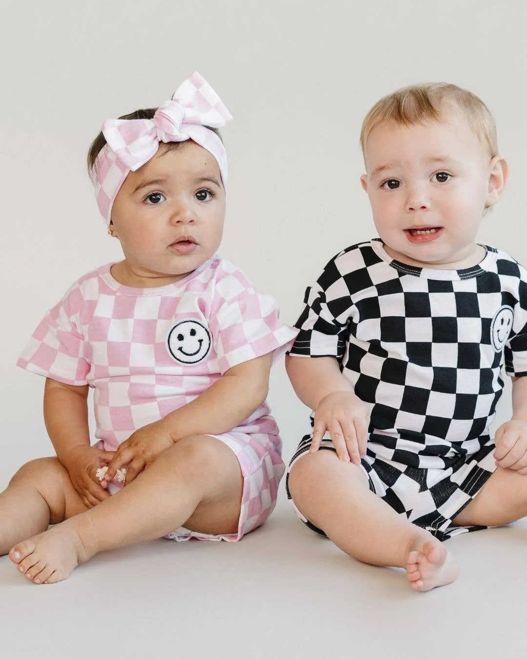 Lucky Panda Kids - Checkered Shorts Set | Pink & Blue