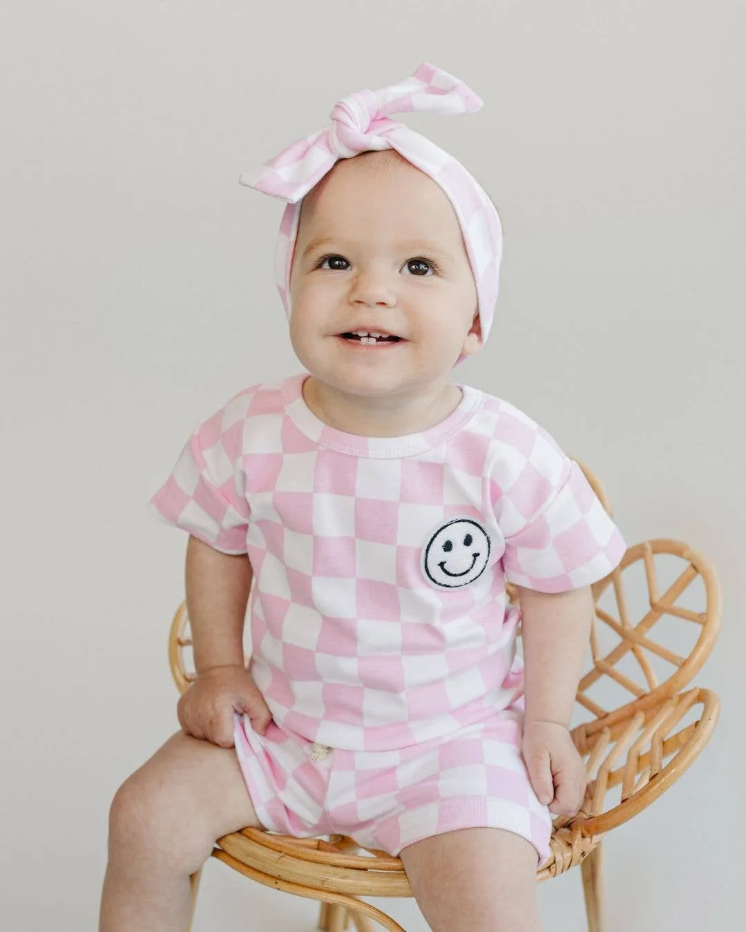 Lucky Panda Kids - Checkered Shorts Set | Pink & Blue