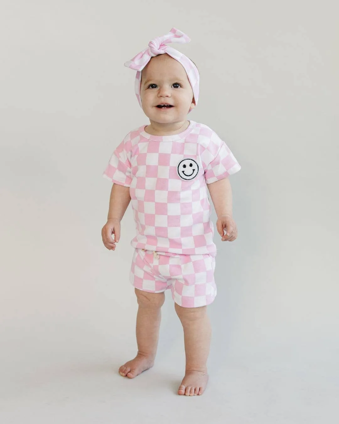 Lucky Panda Kids - Checkered Shorts Set | Pink & Blue