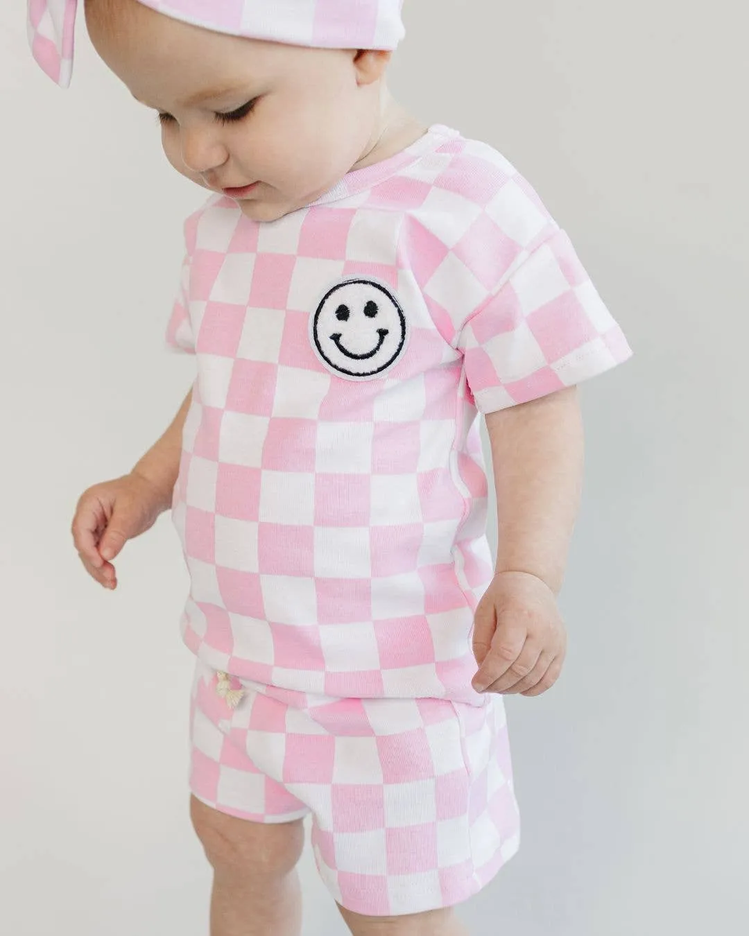 Lucky Panda Kids - Checkered Shorts Set | Pink & Blue