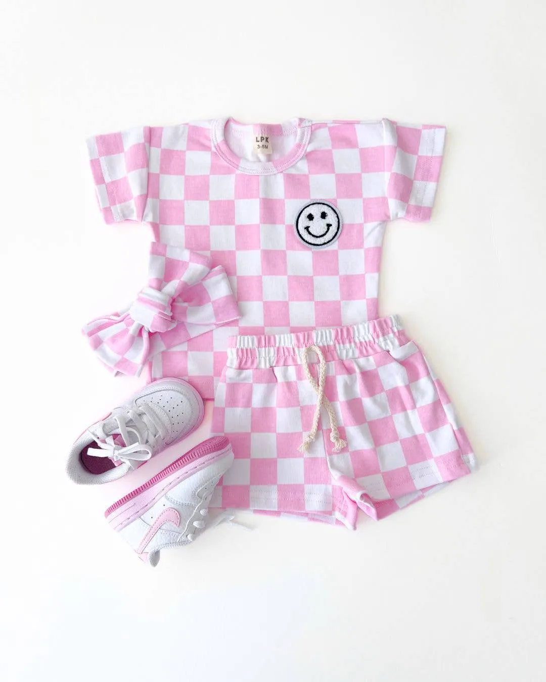 Lucky Panda Kids - Checkered Shorts Set | Pink & Blue